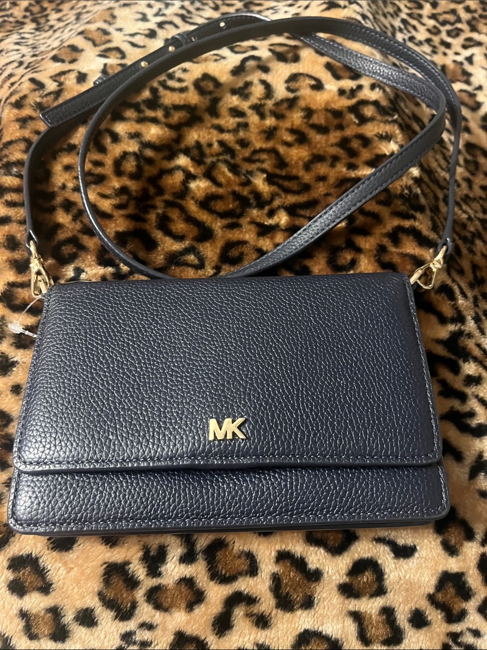 Michael Kors Black Pebbled Leather Crossbody with Gold MK Logo